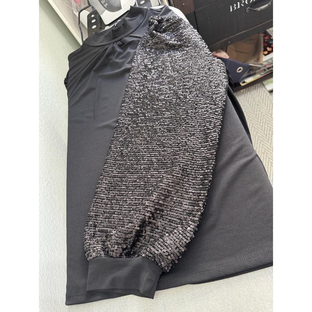 Cable & Gauge Black Mock Neck Top with Sequin Balloon Sleeves XL NWT‎ - Picture 5 of 12